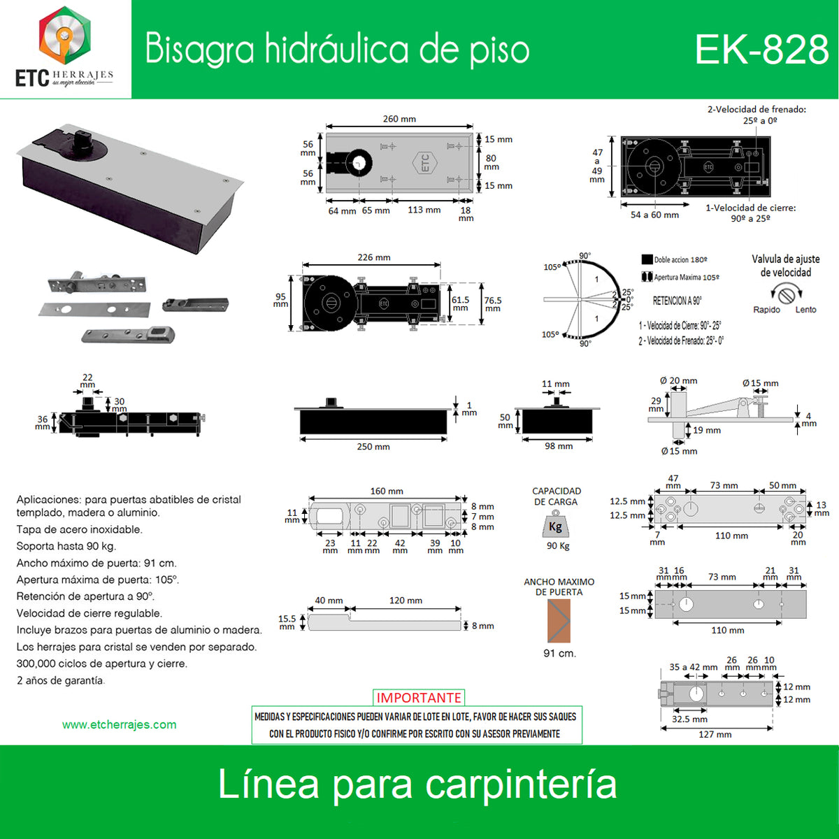 BISAGRA HIDRAULICA DE PISO 90 KGS EK-828